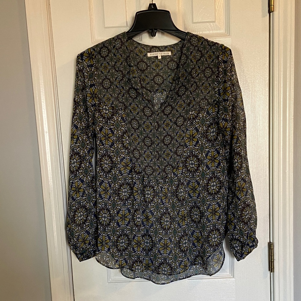 Daniel Rainn Blue, Black and Olive Geometric Blouse